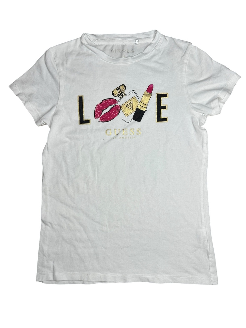 Guess White Graphic Tee with Pink & Gold Makeup Motif